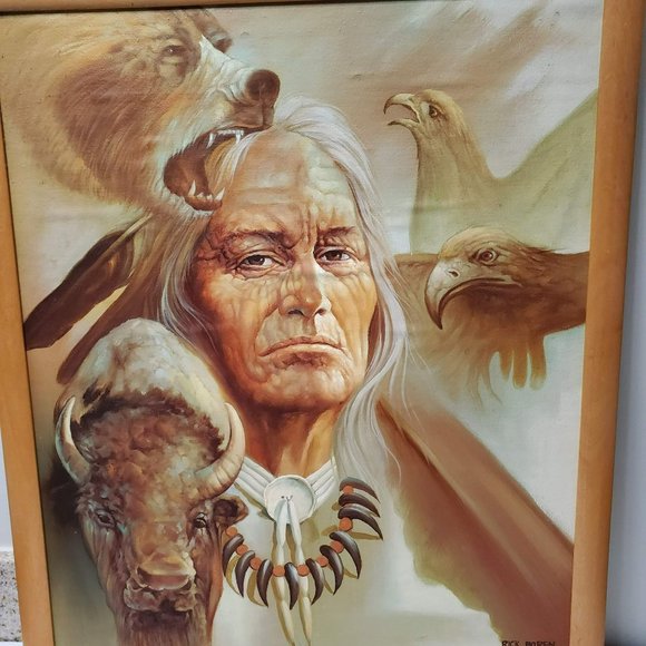 Rick Boren Oil Painting on Canvas, Framed 25x21, American Indian Scene, Animals - Picture 3 of 8